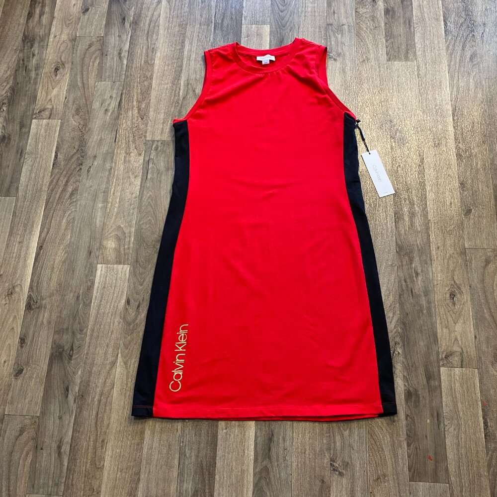 NWT Calvin Klein Red Sleeveless Cotton Dress Black Stripes Size Medium